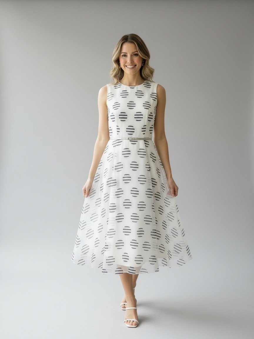 Calvin Klein Striped Dot Fit & Flare Midi Dress - White And Navy - Size 8 Nwt